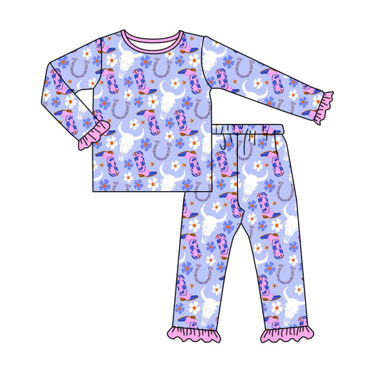 Baby Girl Toddler Long Sleeves Flower Cow Shirt Bell Pants Pajamas Western Set