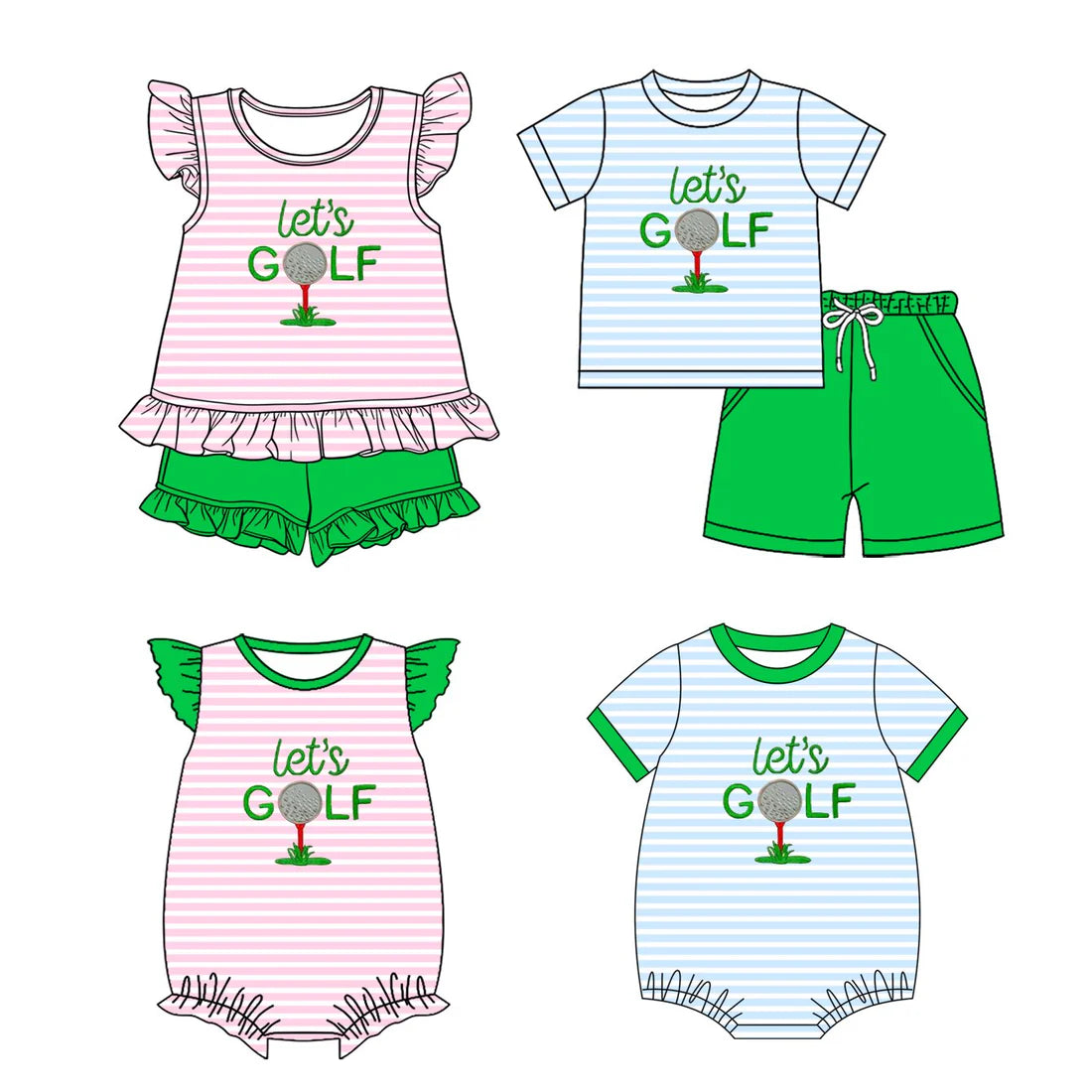 ( Moq 5 Each Style ) Sibling Baby Boys Girls Toddler Short Sleeves Golf Stripes Rompers Sets Ball Game Clothes