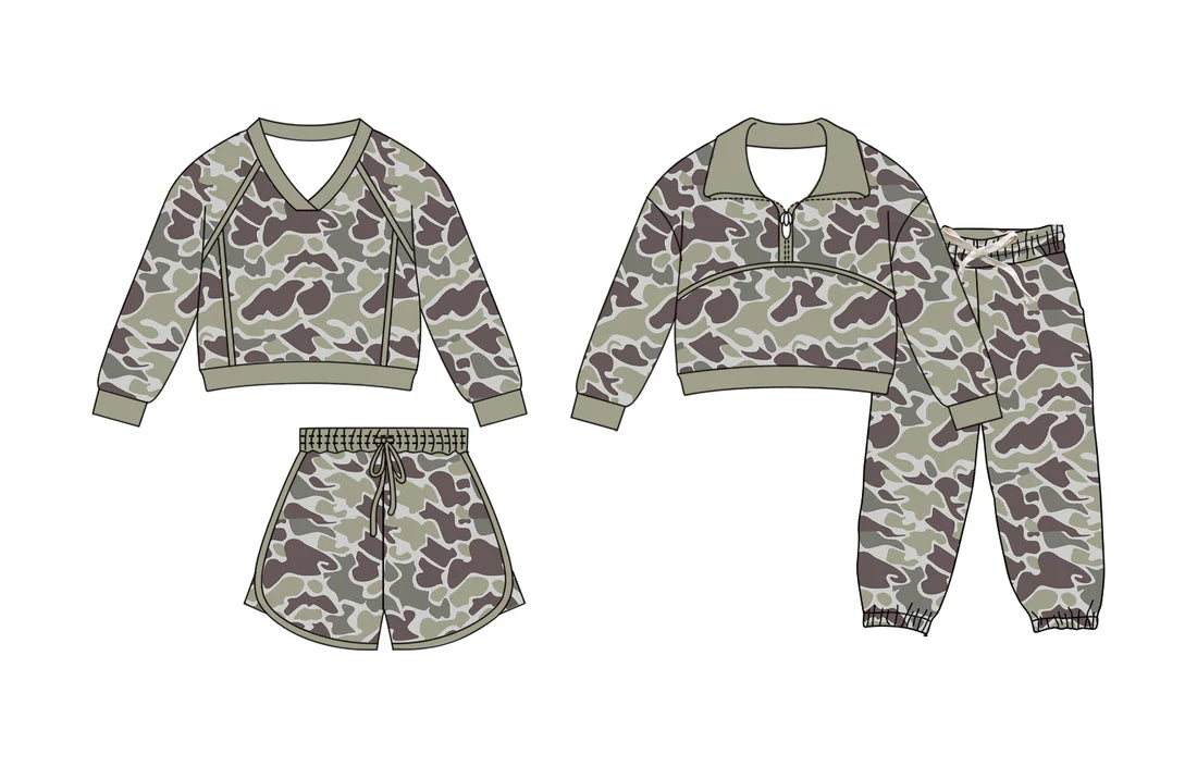 ( Moq 5 Each Style ) Sibling Baby Boys Girls Dark Grey Camo Long Sleeves Zipper Shirt Shorts Pants Sets