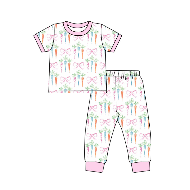 Baby Girl Short Sleeves Carrots Bows Shirt Pants Pajamas Easter Set