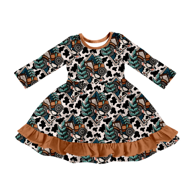 Baby Girl Long Sleeves Western Tractor Cow Print Dress