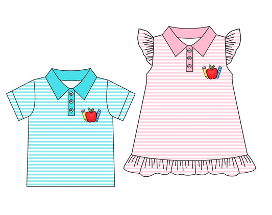 ( Moq 5 Each Style ) Baby Boy Girl Short Sleeves Apple Stripes Buttons Shirt Sibling Back To School Tops Dress Set 3.25