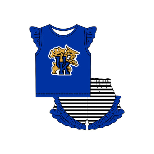 ( Moq 5 ) Baby Girls Blue Short Sleeves Tiger Shirt Stripes Ruffle Shorts Team Clothes Set