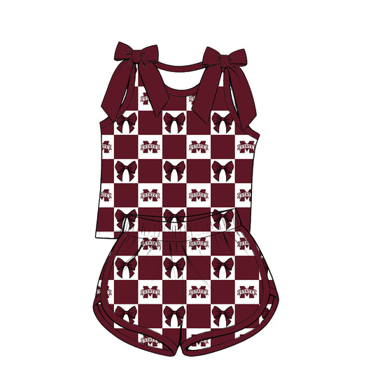 ( Moq 5 ) Baby Girls Kids Sleeveless Bows Shirt Shorts Team Set Cheer Clothes