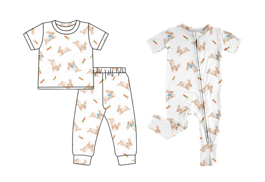 ( Moq 5 Each Style ) Toddler Kids Short Sleeves Rabbits Carrots Easter Sibling Zipper Romper Set