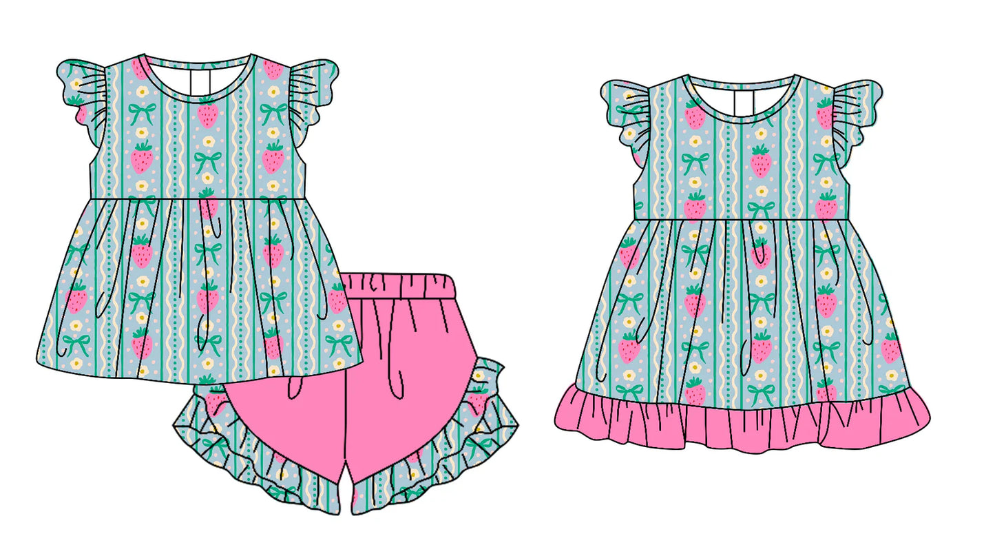 ( Moq 5 Each Style ) Baby Girls Kids Short Sleeves Strawberry Flower Sibling Green Dress Set