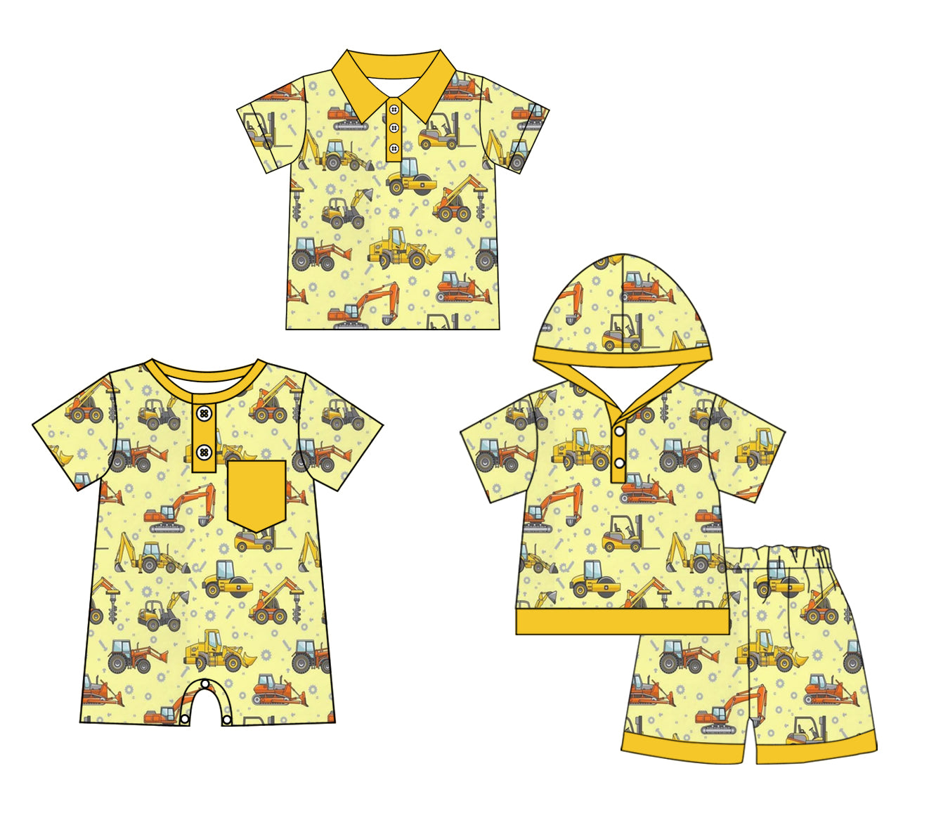 Baby Boy Short Sleeves Sibling Construction Yellow Romper Clothes Set ( Moq 5 Each Design )11.25