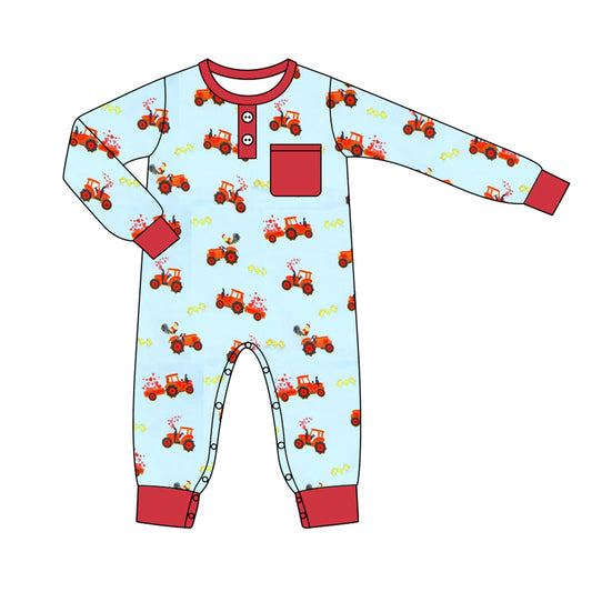 Baby Boy Infant Long Sleeves Valentine Hearts Tractor Romper