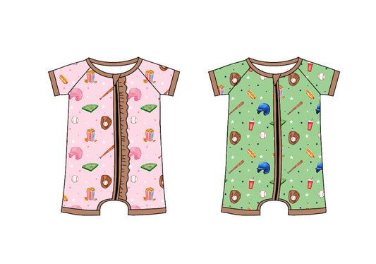 Baby Boy Girl Short Sleeves Baseball Zipper Pink Green Sibling Romper ( Moq 5 Each Style ) 3.8
