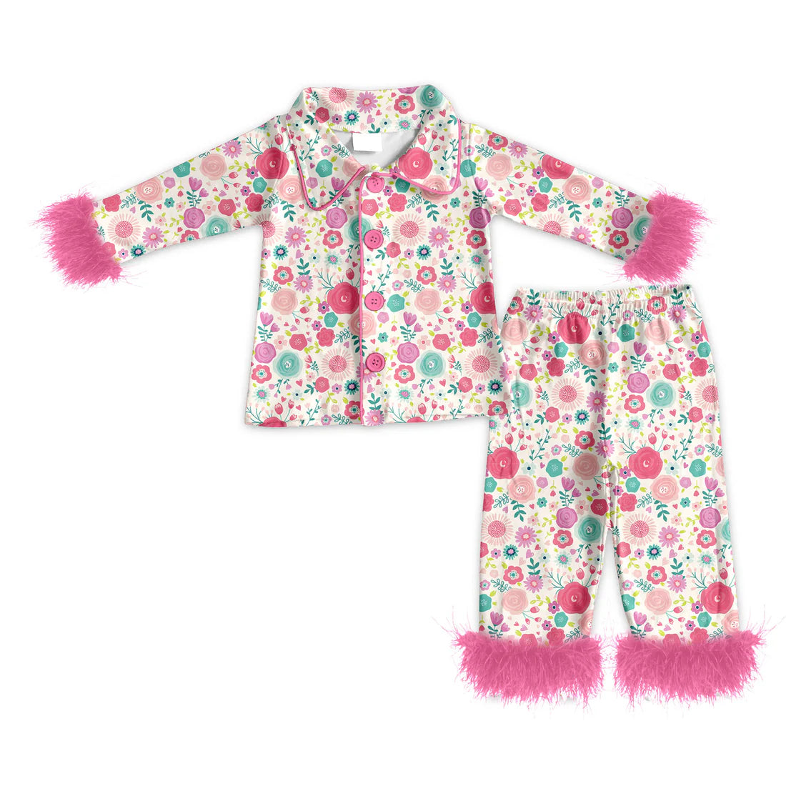 ( Moq 5 ) Baby Girls Fur Long Sleeves Buttons Shirt Pants Pajamas Flower Set
