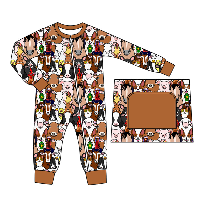 Baby Boy Long Sleeves Farm Animal Zipper Romper