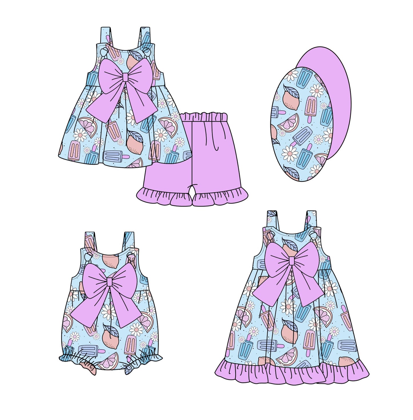 Baby Girl Short Sleeves Popsicles Bows Sibling Romper Dress Set ( Moq 5 Each Style ) 3.11
