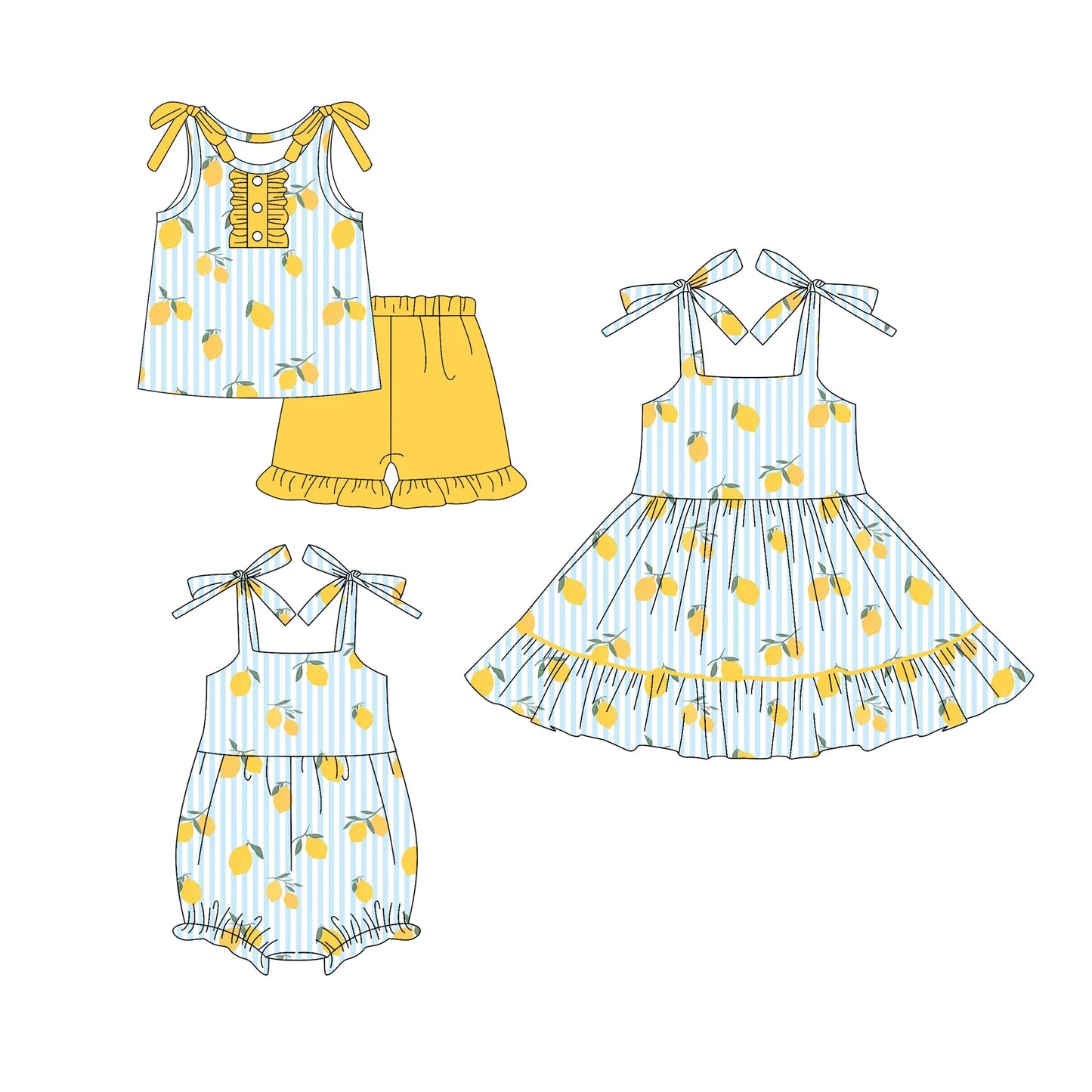 ( Moq 5 Each Style ) Baby Girls Kids Straps Lemons Stripes Sibling Romper Dress Set