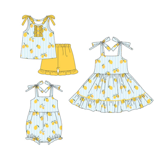 ( Moq 5 Each Style ) Baby Girls Kids Straps Lemons Stripes Sibling Romper Dress Set
