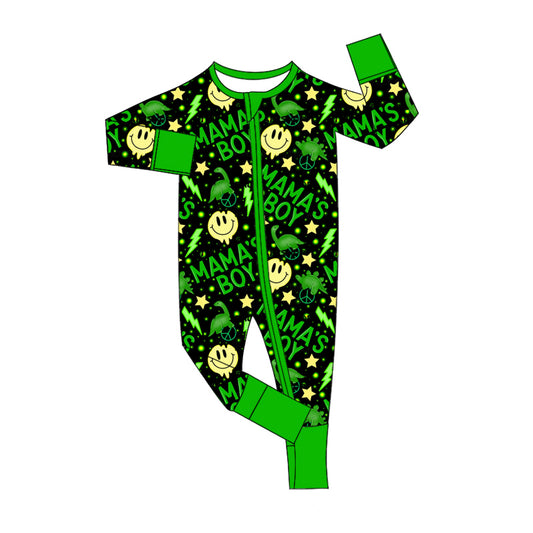 Baby Boy Infant Mama's Boy Dinosaurs Green Zipper Romper