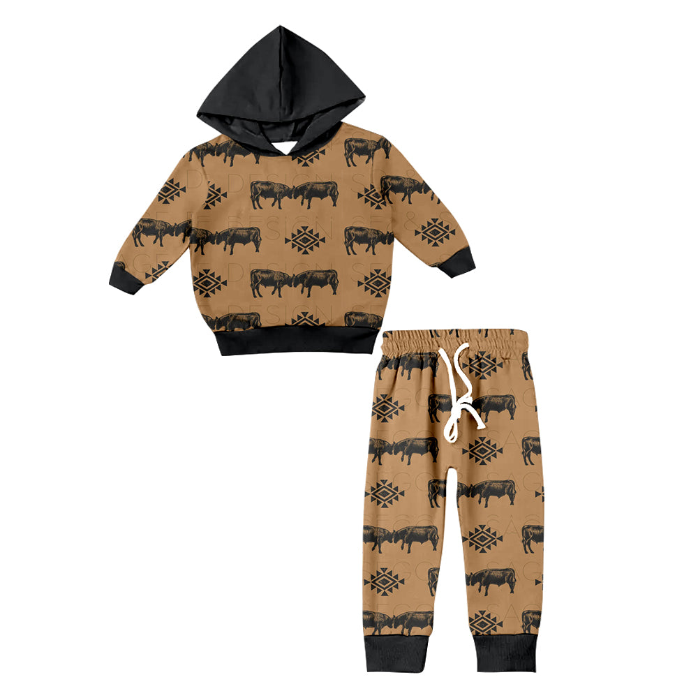 Baby Boy Long Sleeves Western Cow Aztec Hoodie Shirt Pants Set