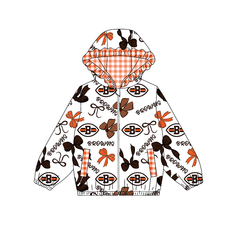 ( Moq 5 ) Custom Baby Girl Kids Bows Pockets Zipper Ruffle Hoodie Jacket Coat Team Tops