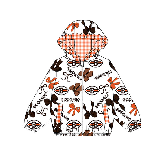 ( Moq 5 ) Custom Baby Girl Kids Bows Pockets Zipper Ruffle Hoodie Jacket Coat Team Tops
