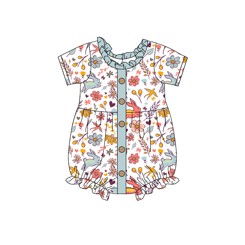 Baby Girl Infant Short Sleeves Flower Rabbit Easter Bubble Romper