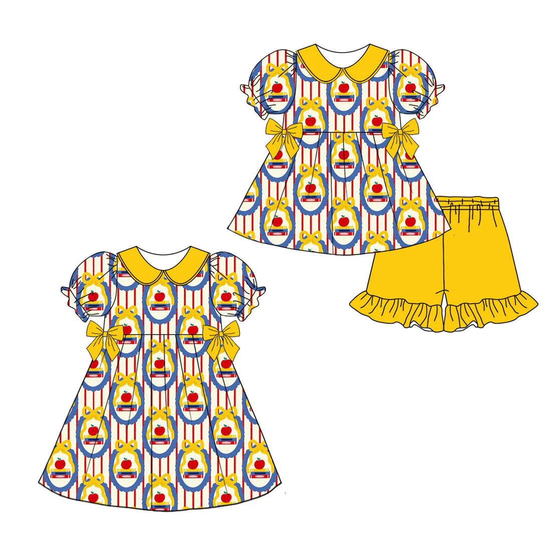 ( Moq 5 Each Style ) Sibling Baby Girls Kids Bows Back to School Short Sleeves Dress Set