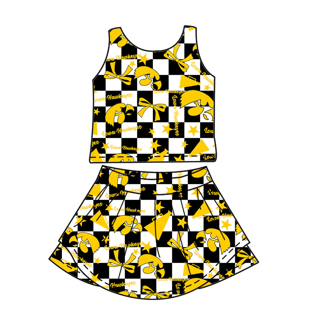 ( Moq 5 each style ) Baby Girl Toddler  Team Yellow Bows Cheer Sibling Checked Dress Set 6.30