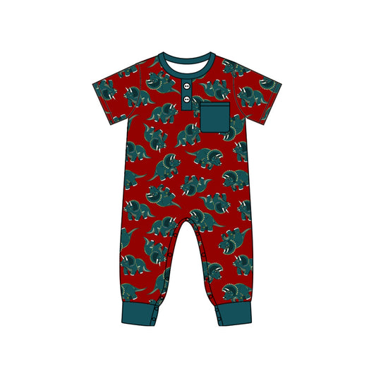 Baby Boy Infant Short Sleeves Pocket Buttons Dinosaurs Romper Moq 5