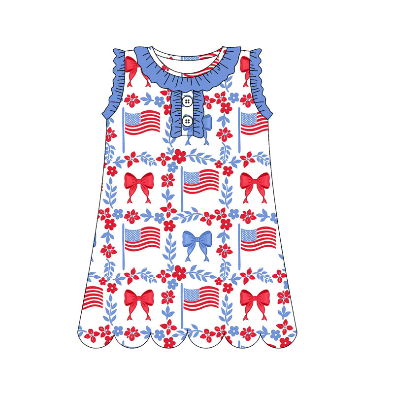( Moq 5 Each Style ) Sibling Baby Girls Kids Bows Flags Flower 4th of July Knee Length Dresses
