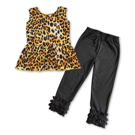 GSPO0853 Baby Girl Sleeveless Leopard Topos Black Cotton Ruffle Pants Outfit