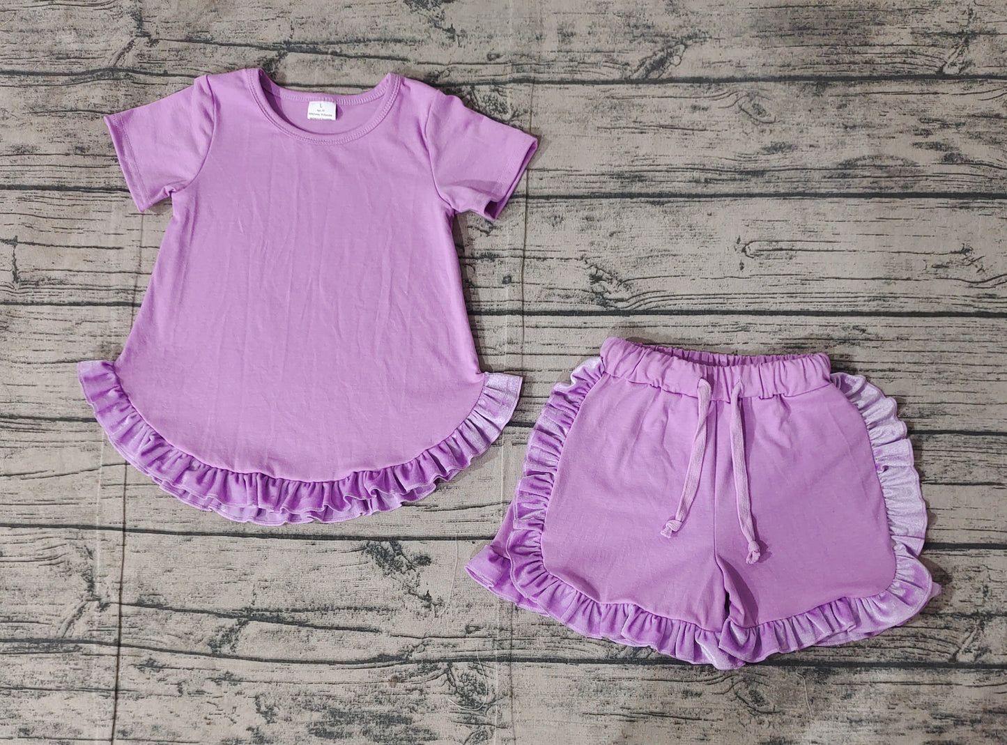 Baby Girl Short Sleeves Purple Cotton Shirt Ruffle Shorts Clothes Set RTS