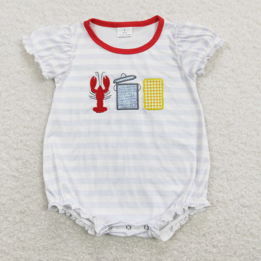 SR0743 Baby Girl Embroidery Crawfish Stripes One Piece Romper