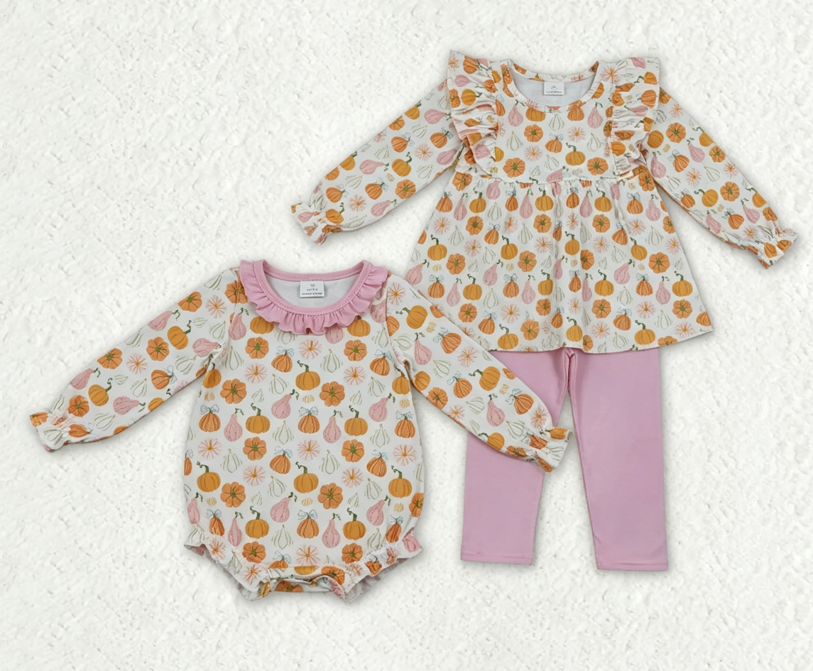 Sibling Baby Girls Kids Thanksgiving Pumpkins Bows Romper Set Fall Clothes RTS