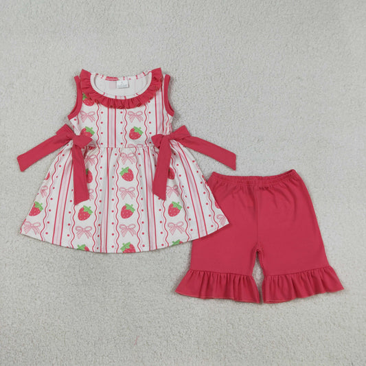 Baby Girls Kids Sleeveless Strawberry Bows Tunic Pink Shorts Summer Set RTS