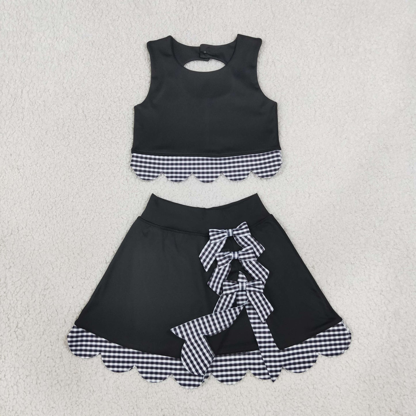 Baby Girls Kids Scallop Shirt Black Plaid Bows Skirt Shorts Set Yoga Active Clothes RTS