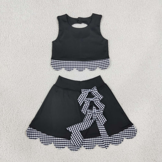 Baby Girls Kids Scallop Shirt Black Plaid Bows Skirt Shorts Set Yoga Active Clothes RTS