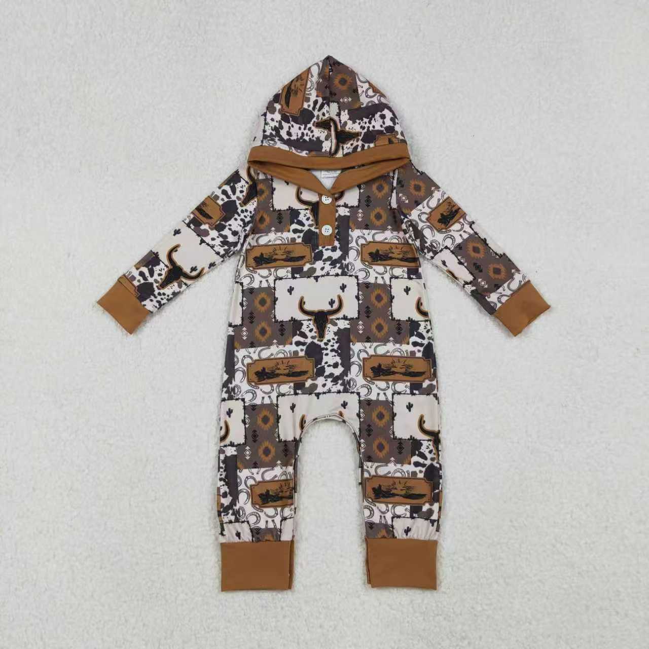 Sibling Baby Boys Kids Long Sleeves Western Aztec Cow Button Hoodie Romper Set Clothes RTS