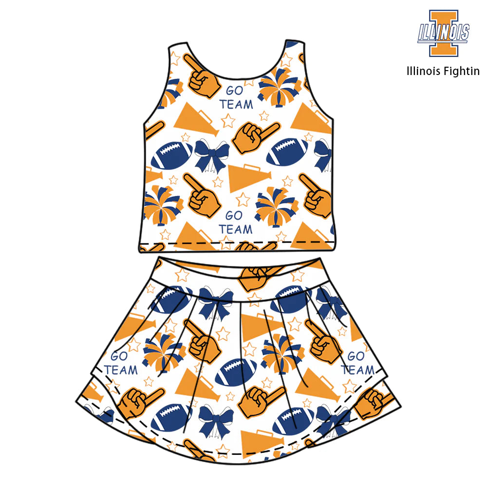 ( Moq 5 ) Baby Girl Toddler Sleeveless Blue Football Team Bows Cheer Tops Skort Set 6.7