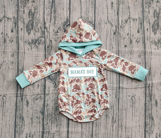 ( No moq ) Preorder Baby Boys Embroidery Mama's Boy Green Hoodie Camo Bubble Romper