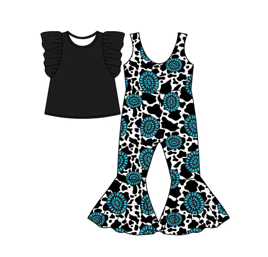 Baby Girl  Short Sleeves Black Shirt Western Jumpsuit Set ( Moq 5 Each Design )11.26