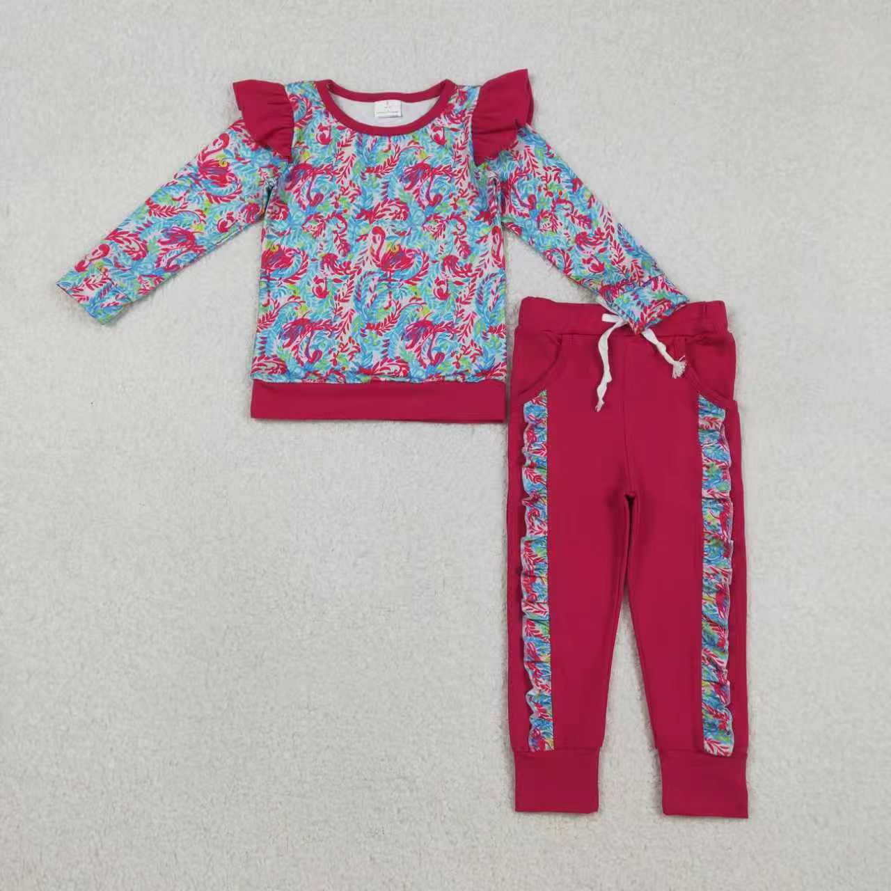 Sibling Baby Girls Kids Long Sleeves Flowers Shirt Pockets Ruffle Pants Clothes Sets RTS
