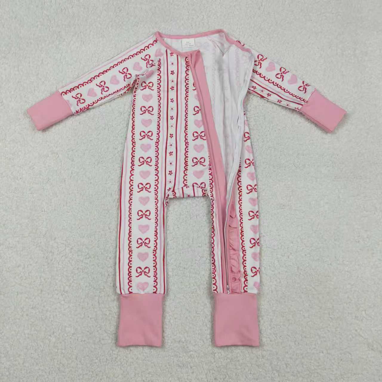 Sibling Baby Girls Kids Bows Hearts Flower Zipper Romper Valentine Sets RTS