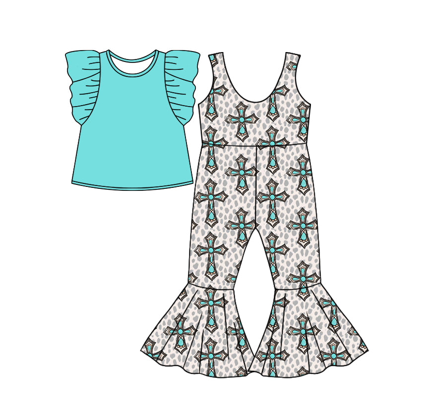 Baby Girl Short Sleeves Green Shirt Cross Jumpsuit Set ( Moq 5 Each Design )11.26