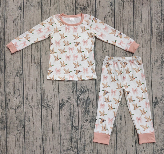 ( No moq ) Preorder Baby Girl Long Sleeves Ducks Pink Bows Shirt Pants Pajamas Set