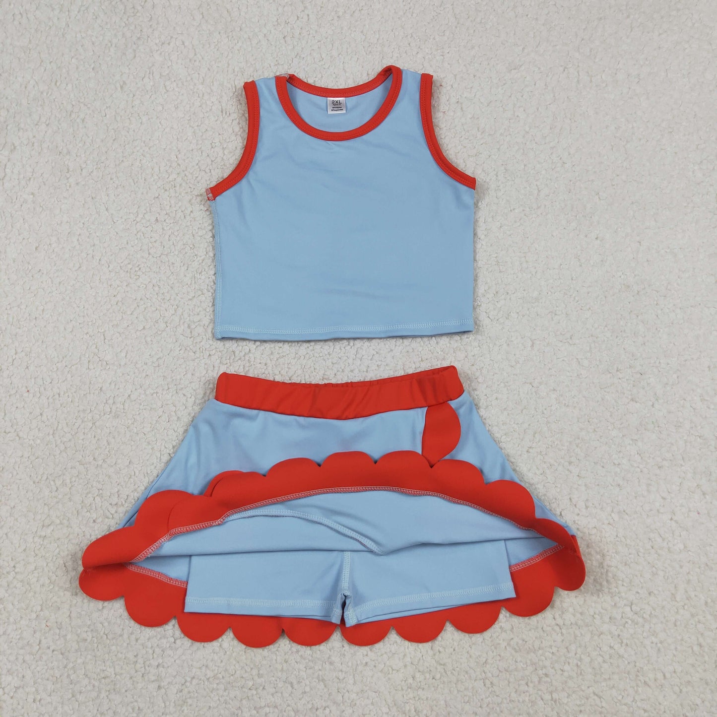 Baby Girls Kids Shirt Scallop Skirt Shorts Yoga Active Blue Red Set Clothes RTS