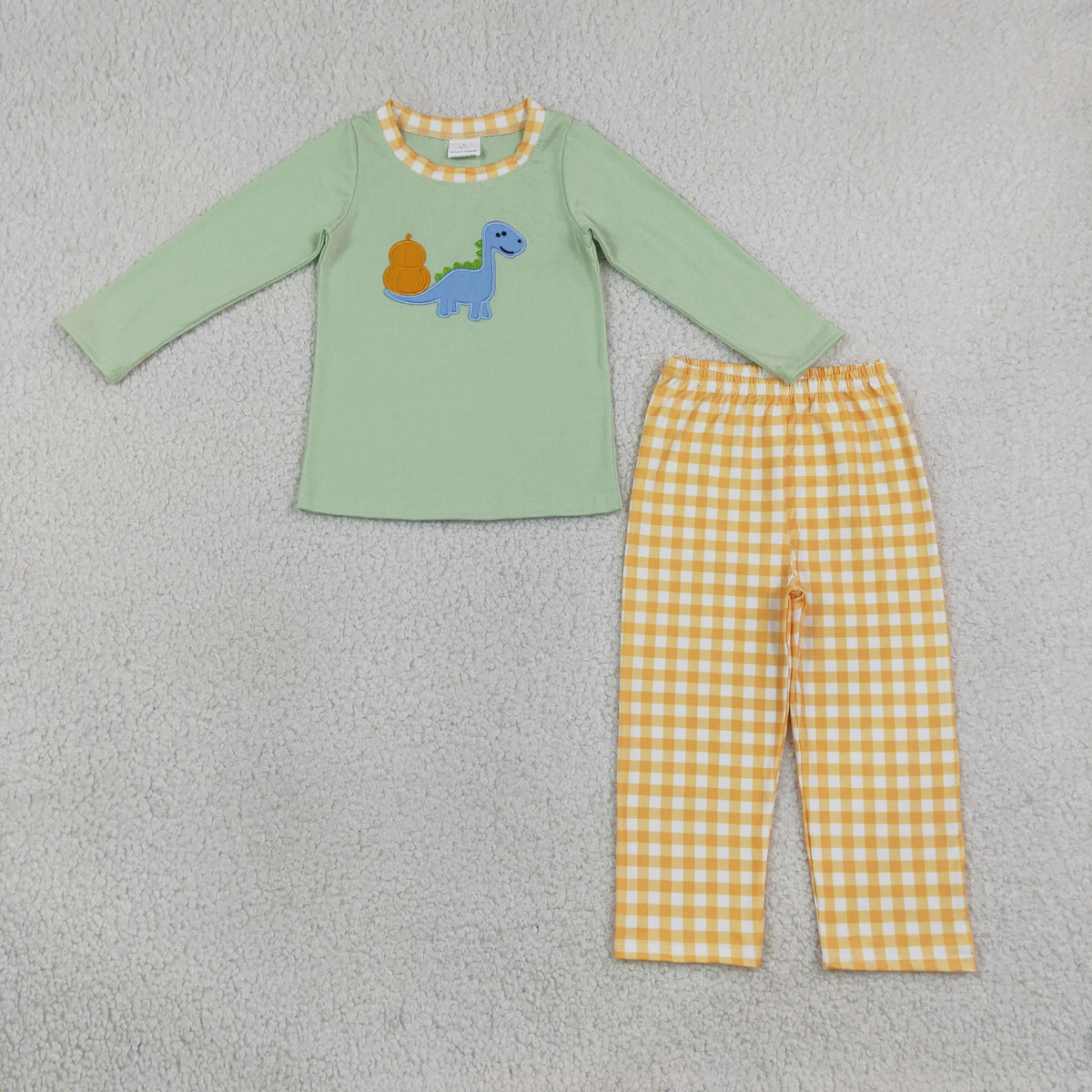 Baby Boy Kids Embroidery Pumpkins Dinosaur Shirt Plaid Pants Thanksgiving Set Clothes RTS