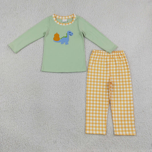 Baby Boy Kids Embroidery Pumpkins Dinosaur Shirt Plaid Pants Thanksgiving Set Clothes RTS