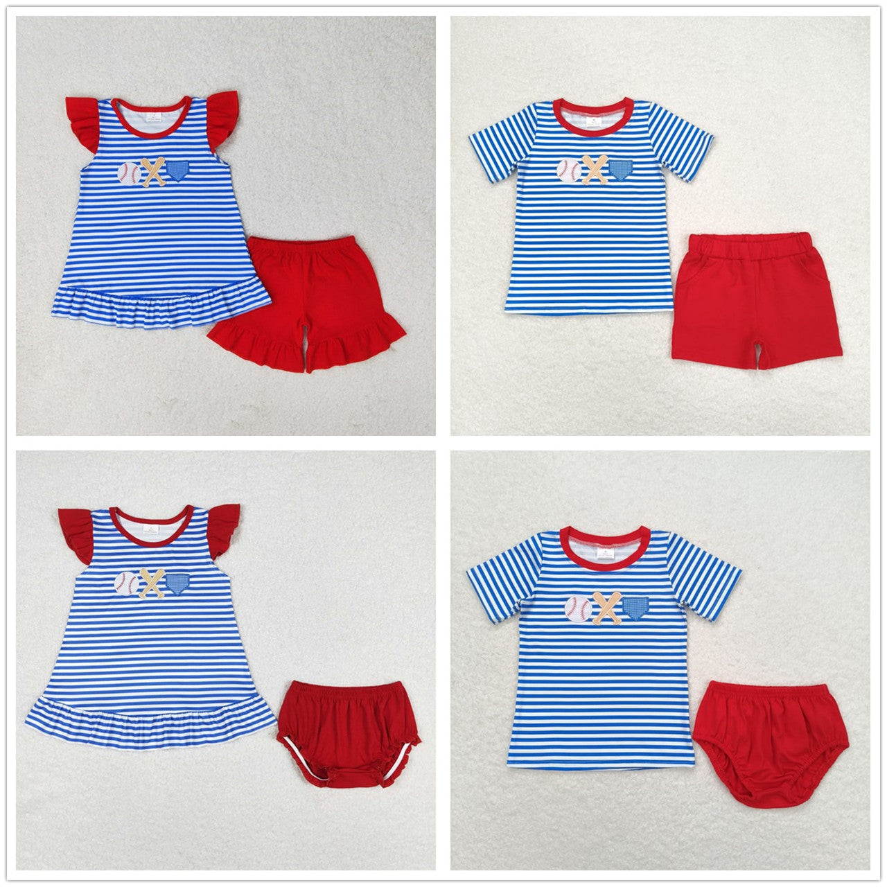 Baby Boy Girl Blue Stripes Embroidery Baseball Summer Sibling Clothes Set