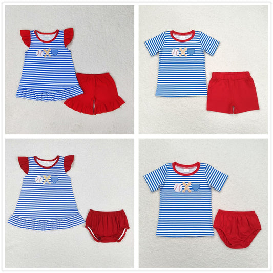 Baby Boy Girl Blue Stripes Embroidery Baseball Summer Sibling Clothes Set