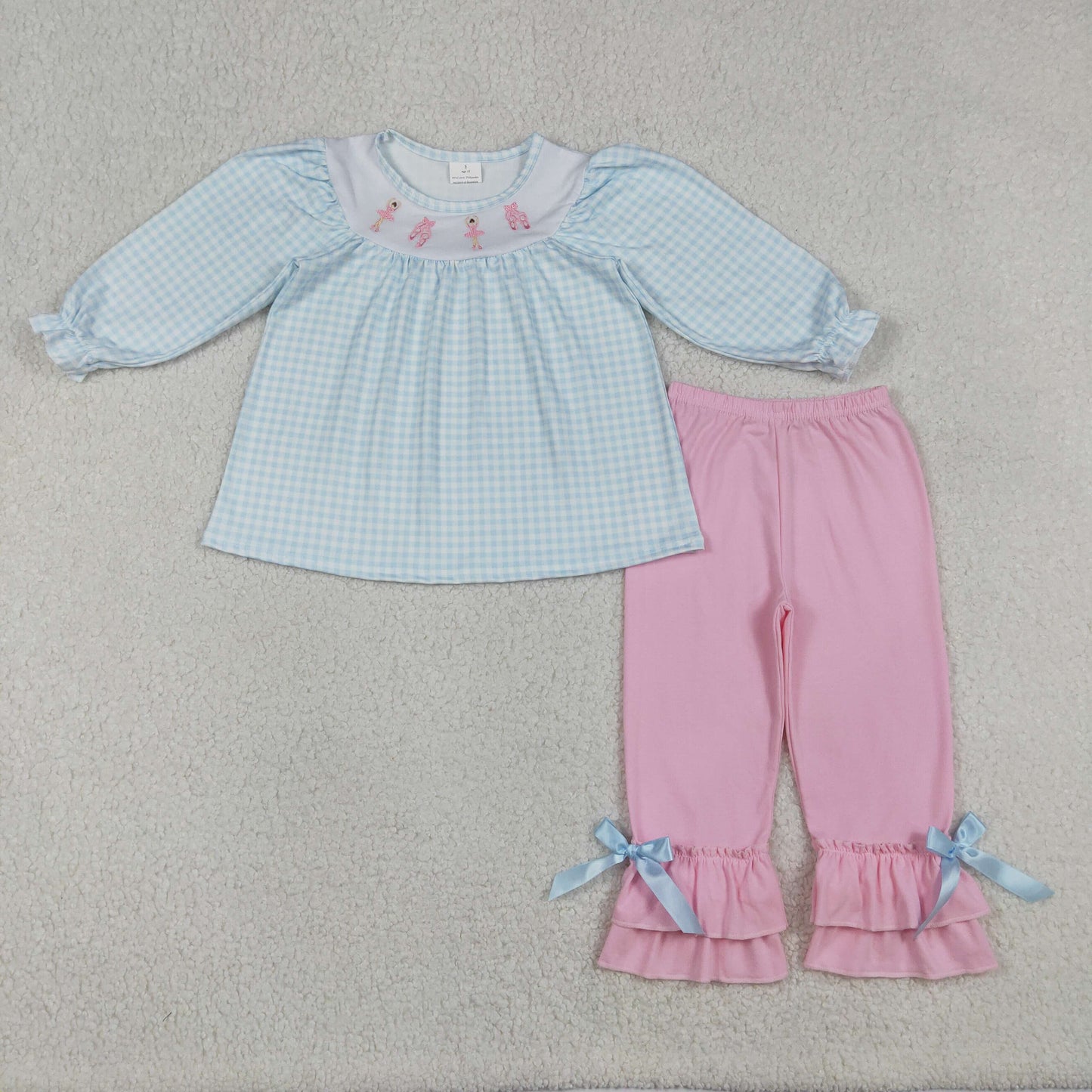 Baby Girls Kids Long Sleeves Embroidery Dance Plaid Tunic Bows Pants Clothes Set RTS