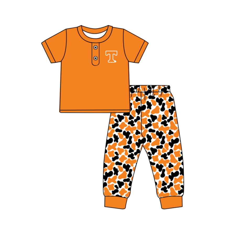 ( Moq 5 ) Baby Boys Orange Short Sleeves T Buttons Shirt Camo Pants Team Clothes Set