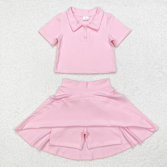 Baby Girl Short Sleeves Light Pink Buttons Shirt Skirt Sports Yoga Set